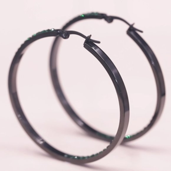 Black Hoops Dark Green Rhinestone Hoop Earrings Crystal Channel Hoops Sparkling - Picture 8 of 12